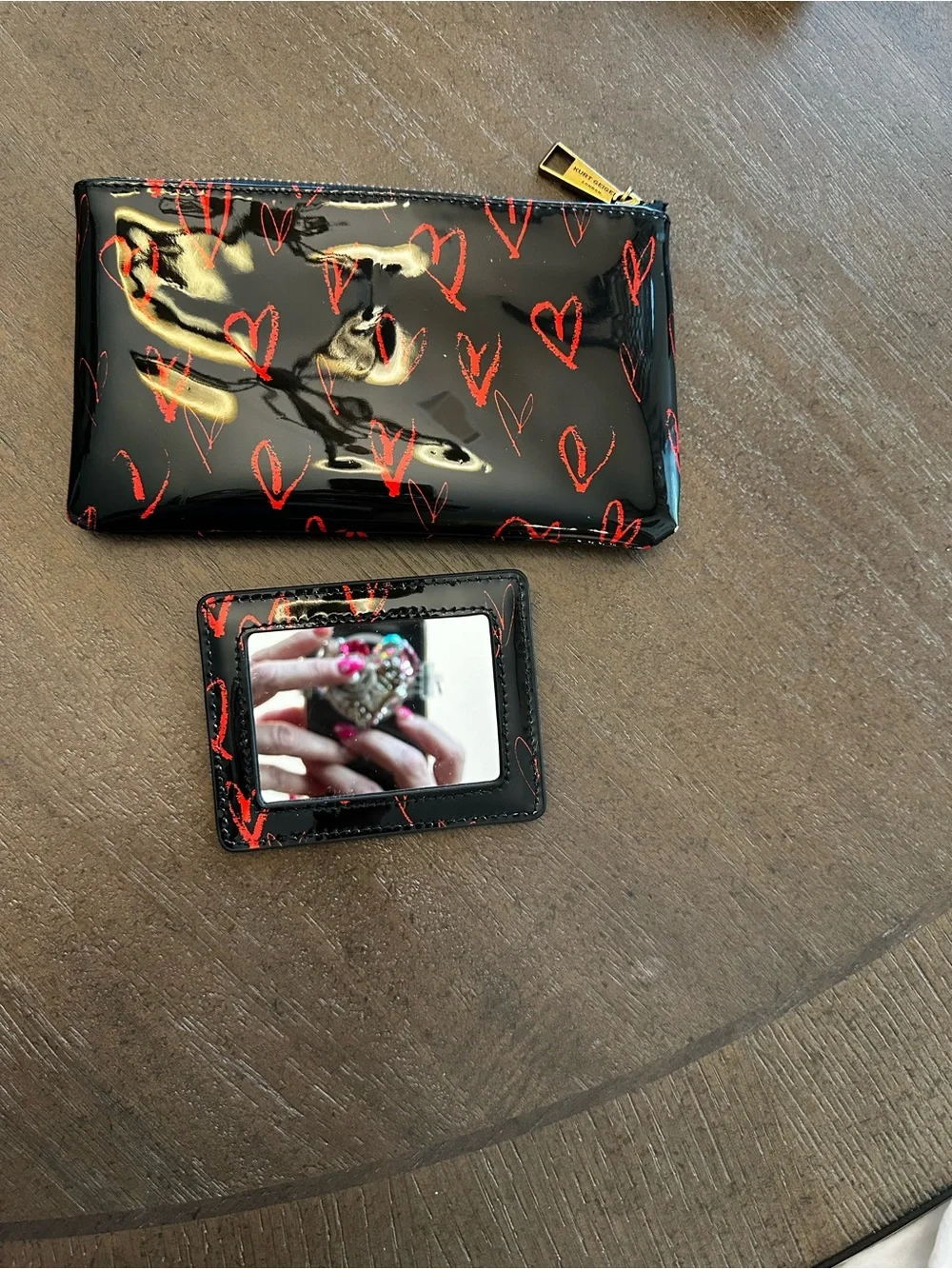 Kurt Geiger Black Patent Pouch and Cardholder Set with Red Hearts
